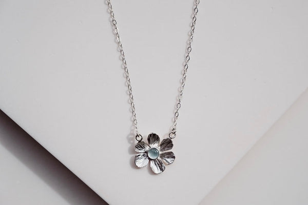 Flower 6 petal silver gemstone aquamarine